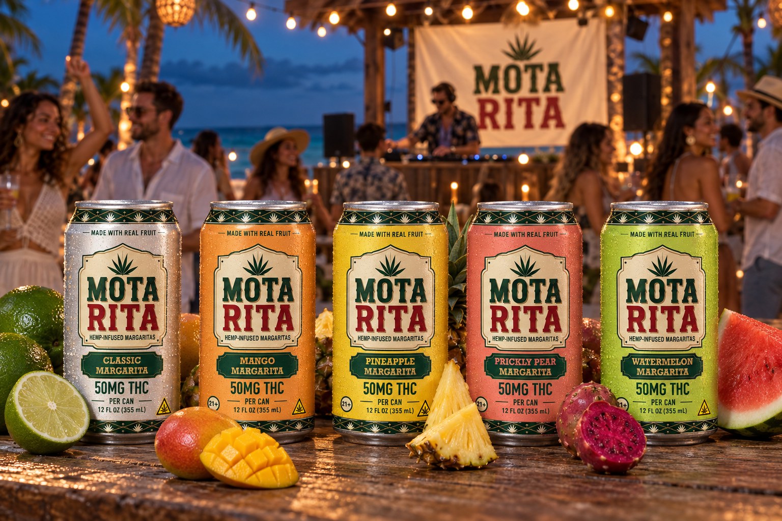 Classic, Mango, Pineapple, Prickly Pear and Watermelon MotaRita cans lined up at an evening beachside gathering with fresh fruit